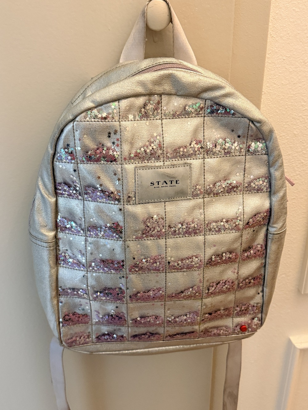 STATE Kane Kids Metallic Silver Purple Star Glitter Confetti Girls Backpack
